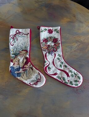 Santa Clause Christmas Wreath Crosstitch Crochet Holiday Stocking Set Of 2